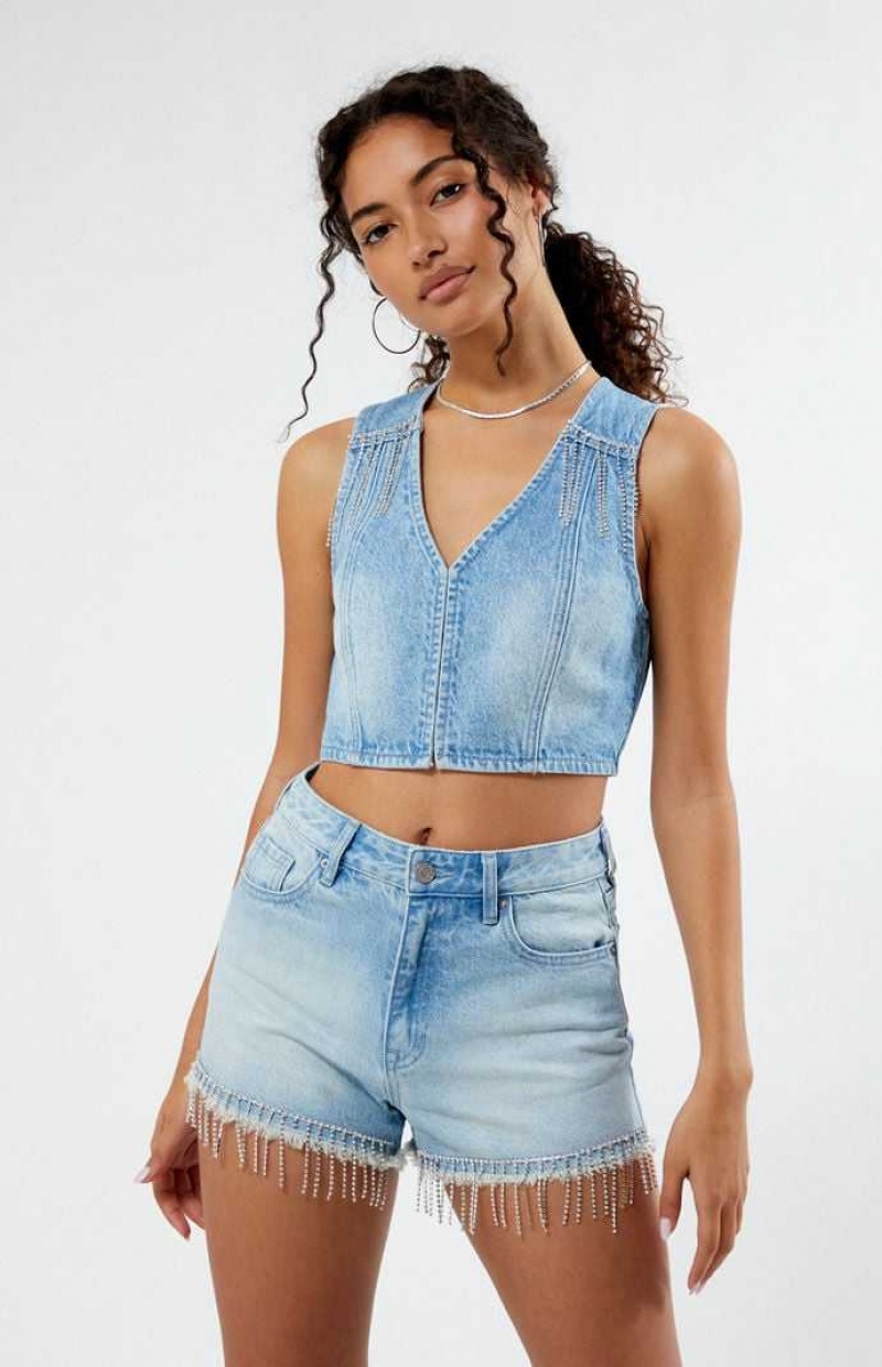 MEDIUM INDIGO PacSun Light Indigo V-Neck Denim Vest | IPXOANV-19