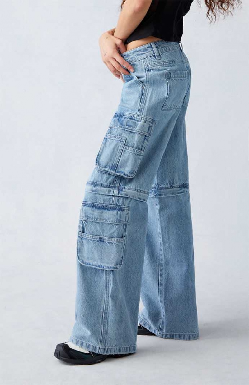 MEDIUM INDIGO PacSun Light Indigo Zip Off Low Rise Baggy Cargo Jeans | NZWGMRA-65