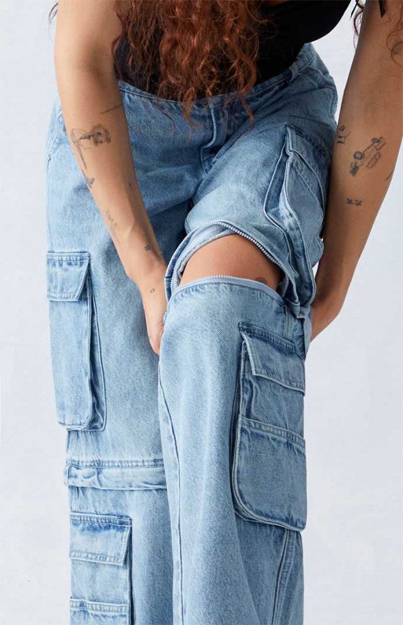 MEDIUM INDIGO PacSun Light Indigo Zip Off Low Rise Baggy Cargo Jeans | NZWGMRA-65