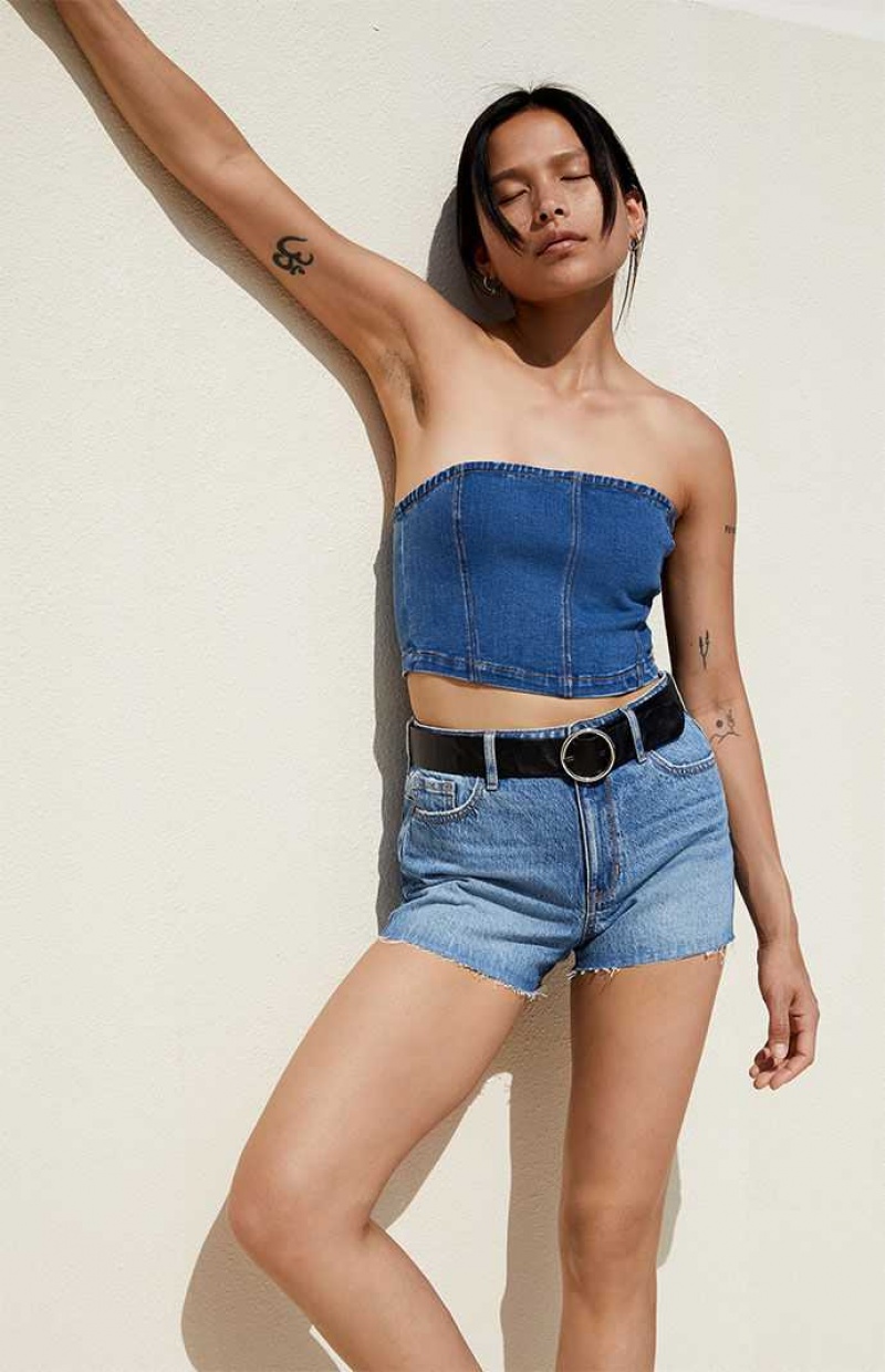 MEDIUM INDIGO PacSun Medium Blue Stretch High Waisted Denim Shorts | XVLQGTJ-96