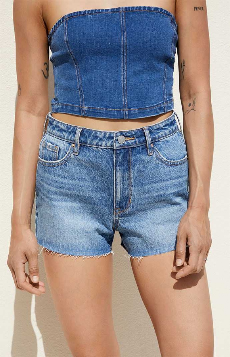 MEDIUM INDIGO PacSun Medium Blue Stretch High Waisted Denim Shorts | XVLQGTJ-96