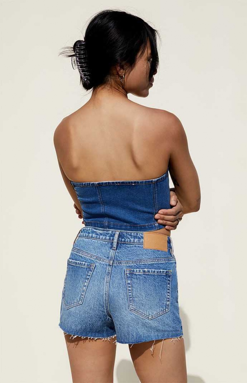 MEDIUM INDIGO PacSun Medium Blue Stretch High Waisted Denim Shorts | XVLQGTJ-96