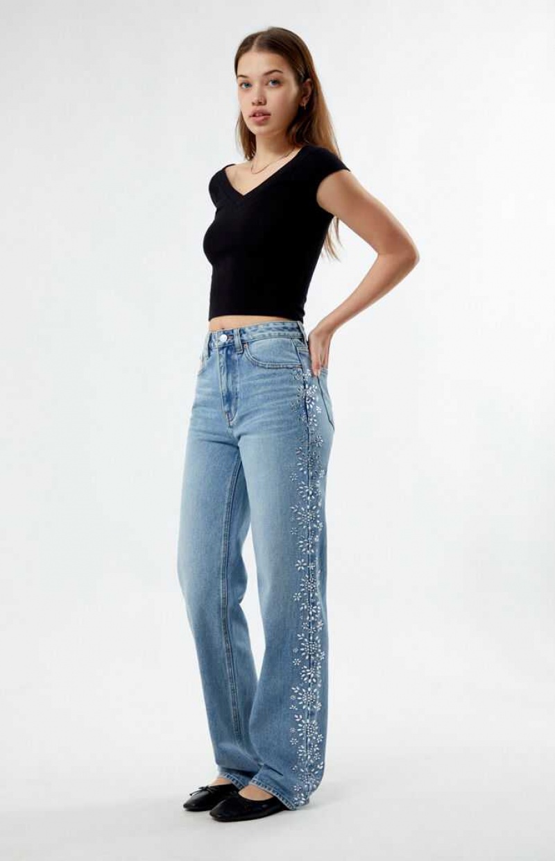 MEDIUM INDIGO PacSun Medium Indigo Floral Rhinestone '90s Boyfriend Jeans | BQMNAVG-29