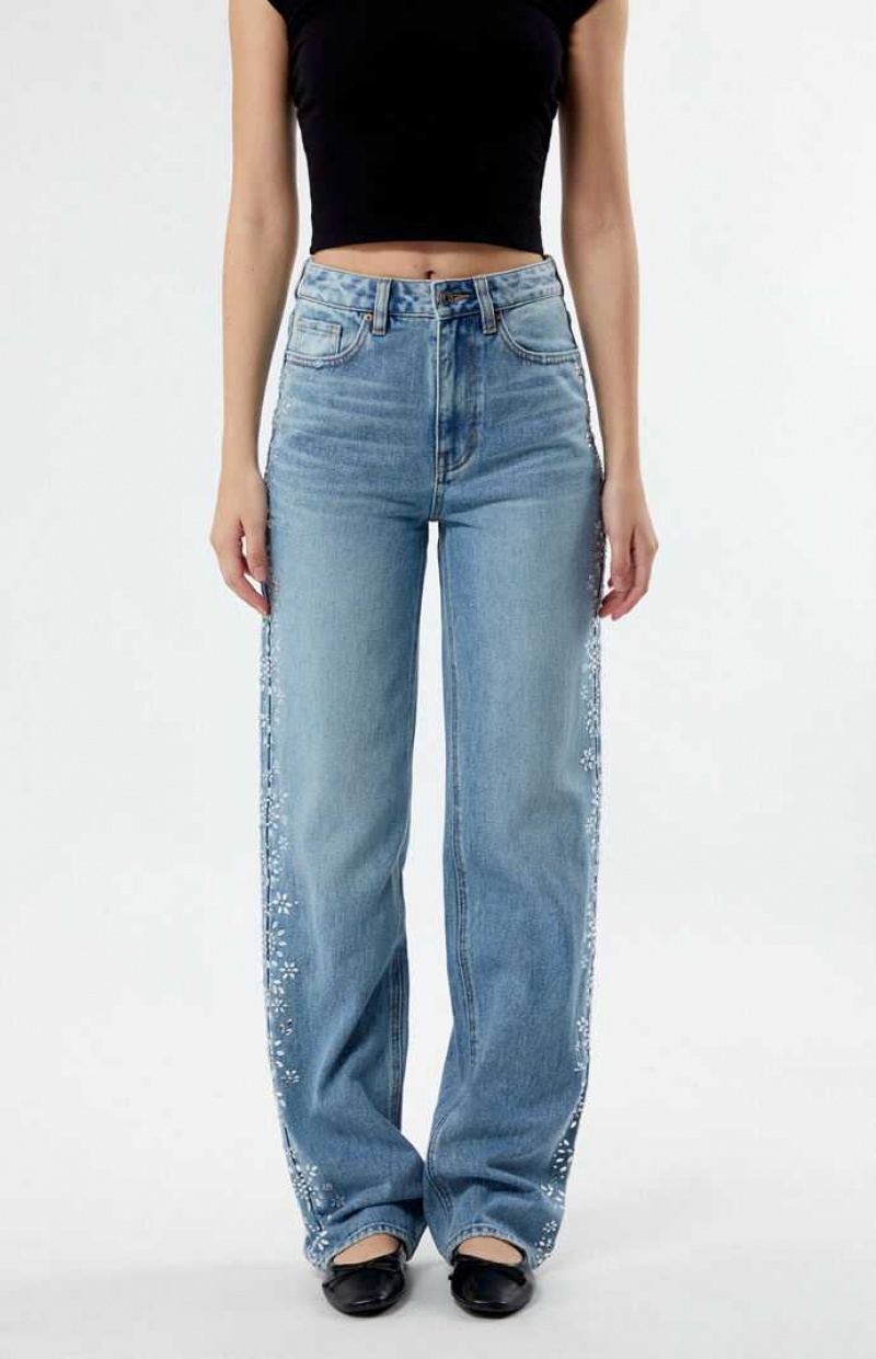 MEDIUM INDIGO PacSun Medium Indigo Floral Rhinestone '90s Boyfriend Jeans | BQMNAVG-29