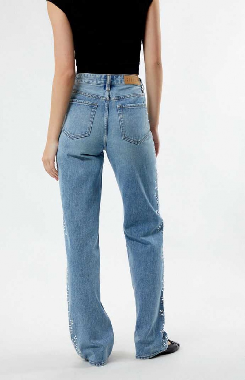 MEDIUM INDIGO PacSun Medium Indigo Floral Rhinestone '90s Boyfriend Jeans | BQMNAVG-29