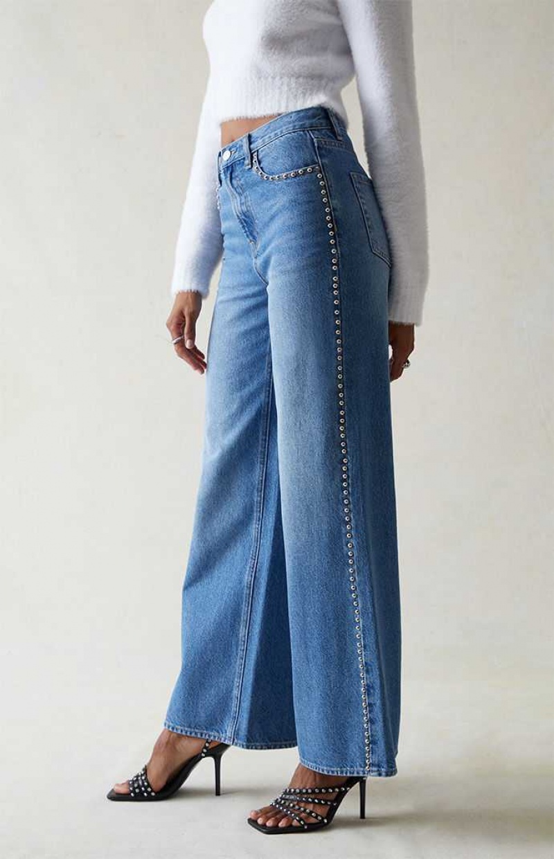 MEDIUM INDIGO PacSun Medium Indigo Studded Wide Leg Jeans | KSOIMCQ-83