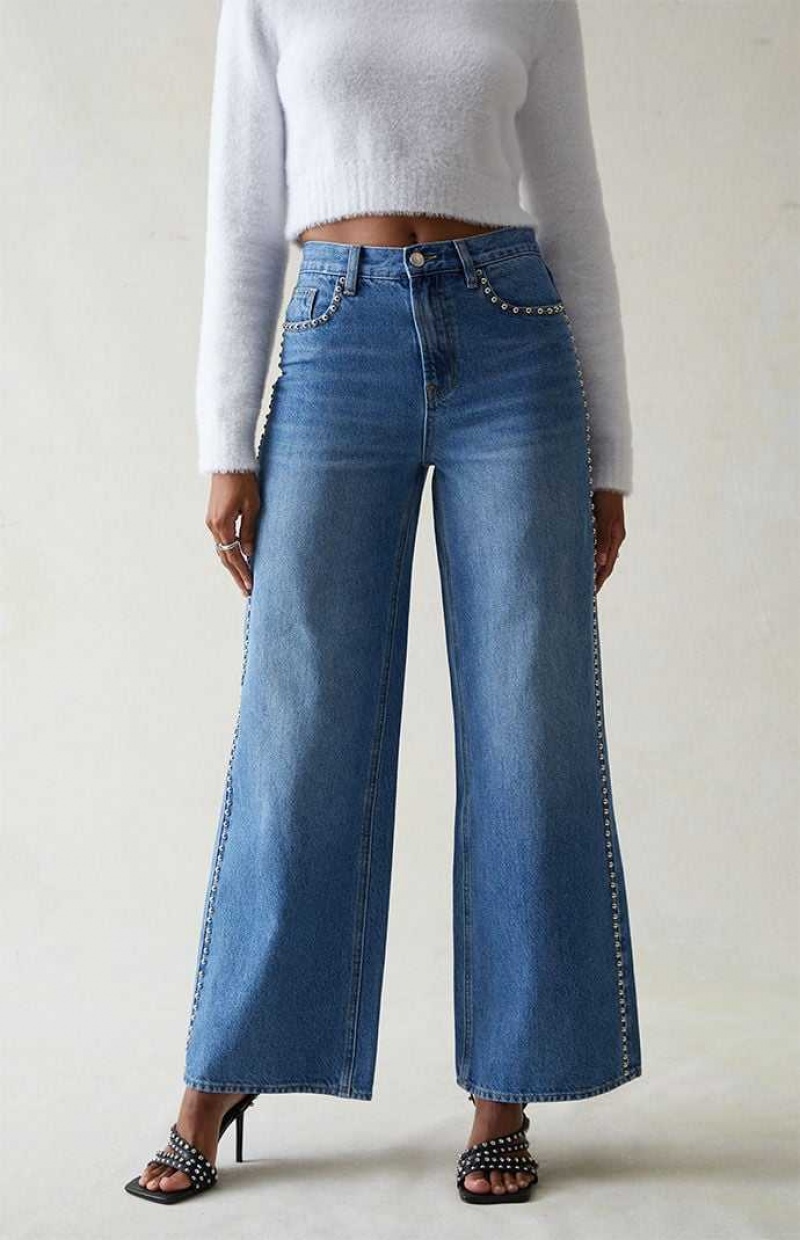 MEDIUM INDIGO PacSun Medium Indigo Studded Wide Leg Jeans | KSOIMCQ-83