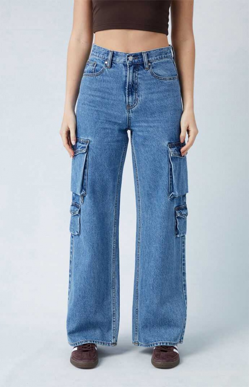 MEDIUM INDIGO PacSun Medium Indigo Wide Leg Cargo Jeans | VINKEST-65