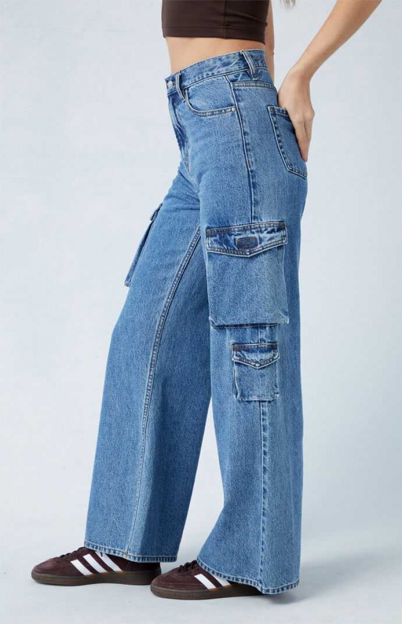 MEDIUM INDIGO PacSun Medium Indigo Wide Leg Cargo Jeans | VINKEST-65