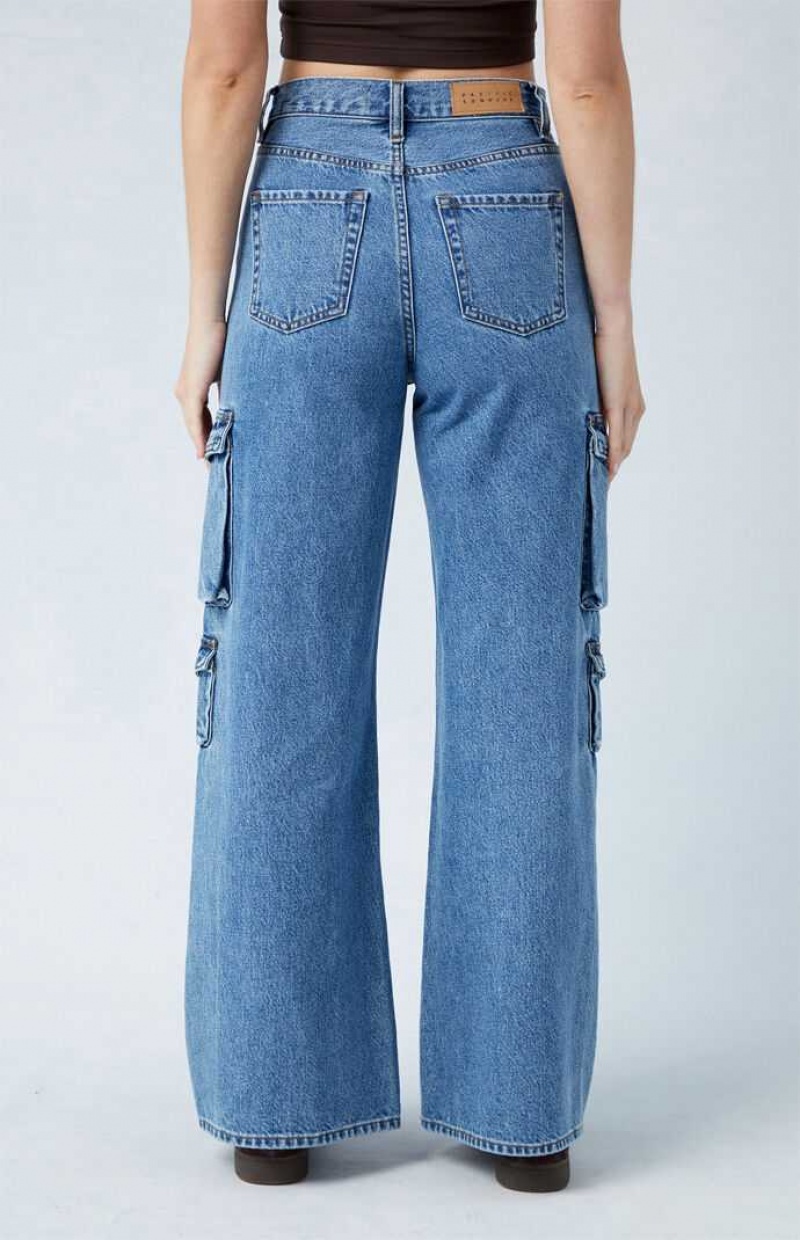 MEDIUM INDIGO PacSun Medium Indigo Wide Leg Cargo Jeans | VINKEST-65