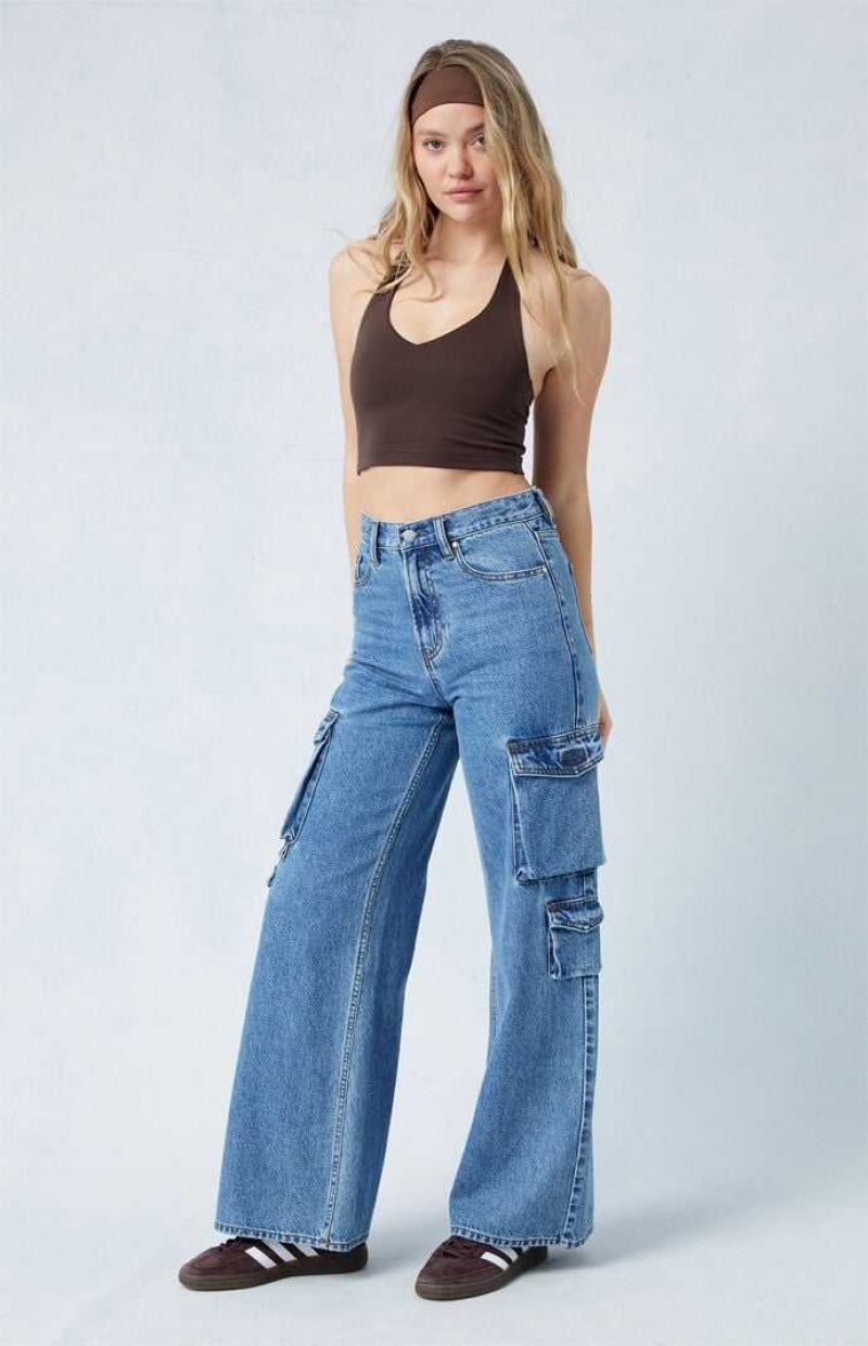 MEDIUM INDIGO PacSun Medium Indigo Wide Leg Cargo Jeans | VINKEST-65