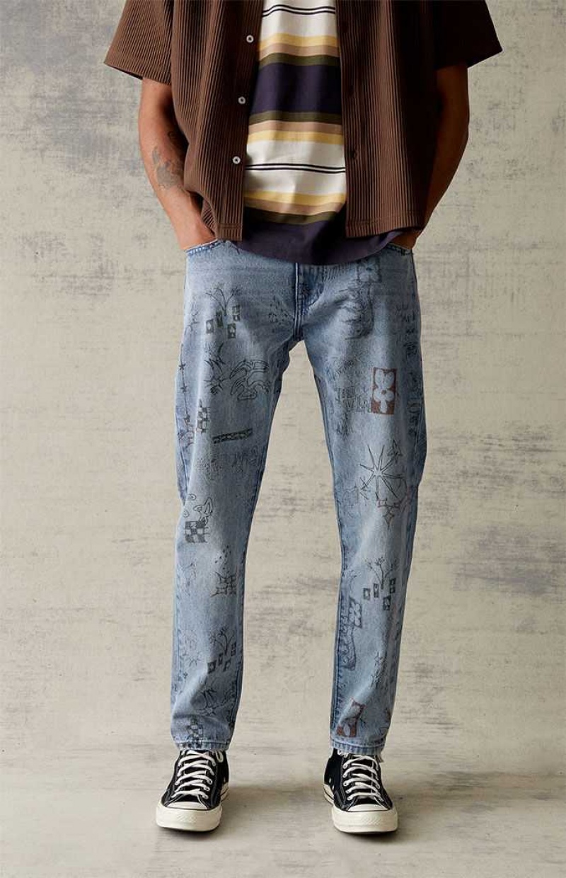 MEDIUM INDIGO PacSun Slim Graffiti Print Jeans | NYXPRML-25