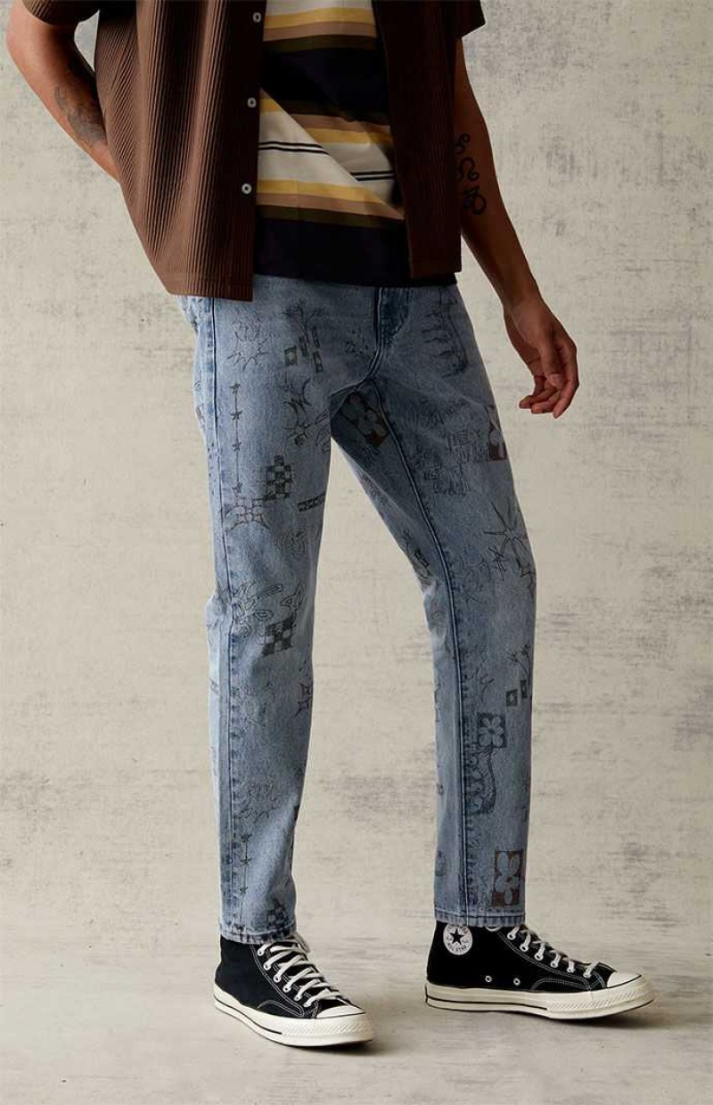 MEDIUM INDIGO PacSun Slim Graffiti Print Jeans | NYXPRML-25