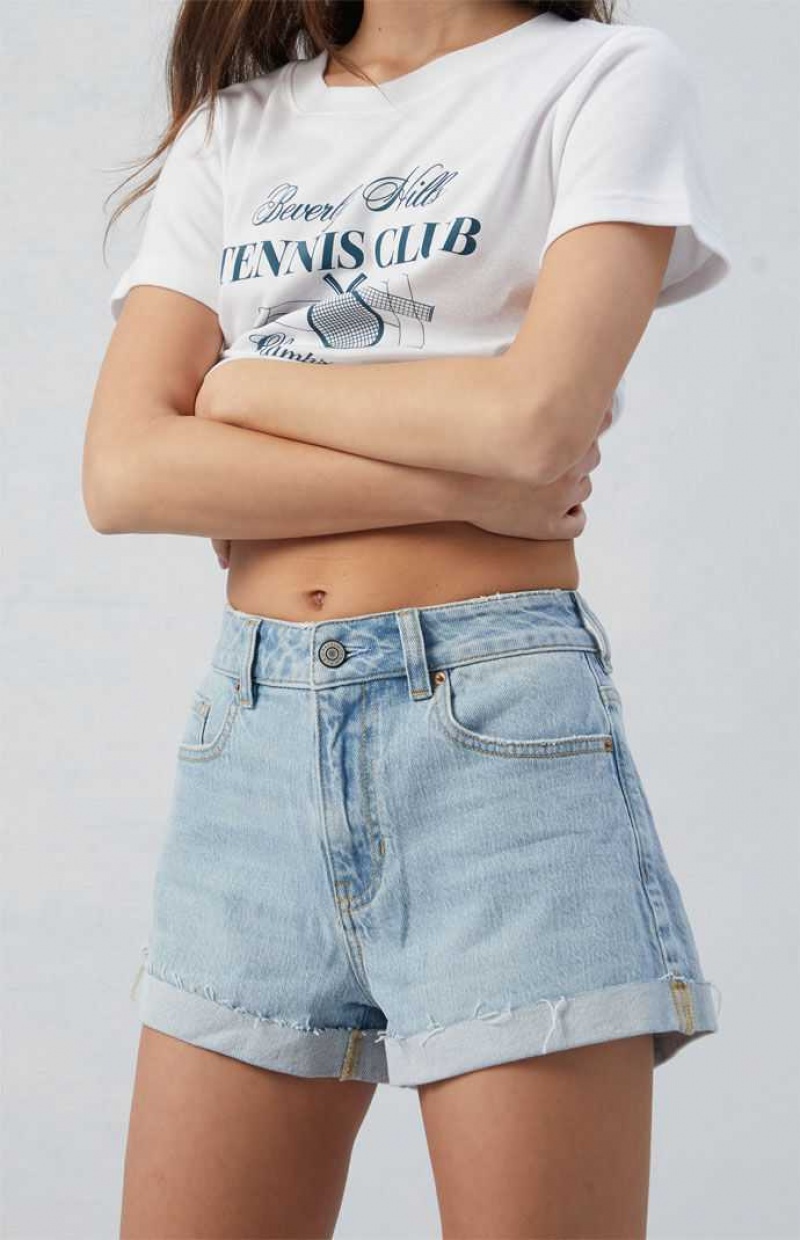 MEDIUM INDIGO PacSun Stretch Light Indigo Roll Cuff Denim Mom Shorts | GVKIWMC-27