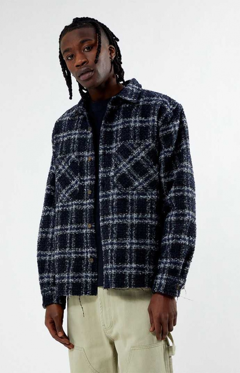 NAVY PacSun Wooly Shadow Plaid Classic Shirt | GBDPZCV-84