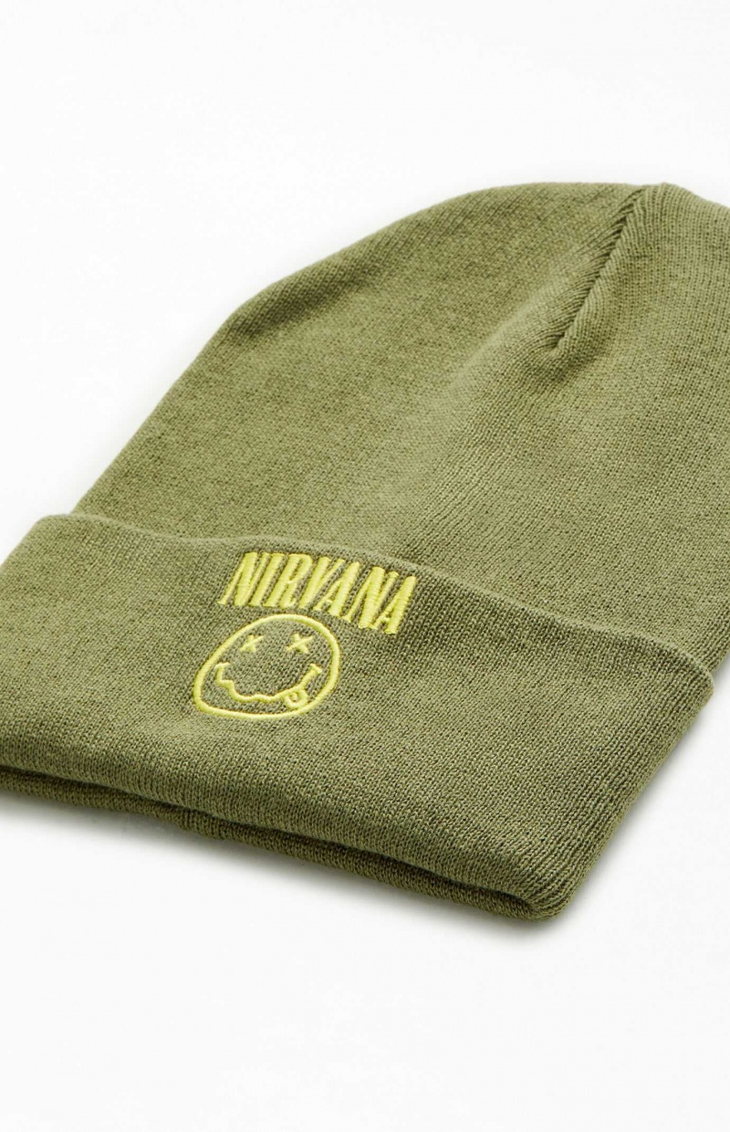 OLIVE PacSun Nirvana Smiley Face Beanie | TRHNAEQ-03