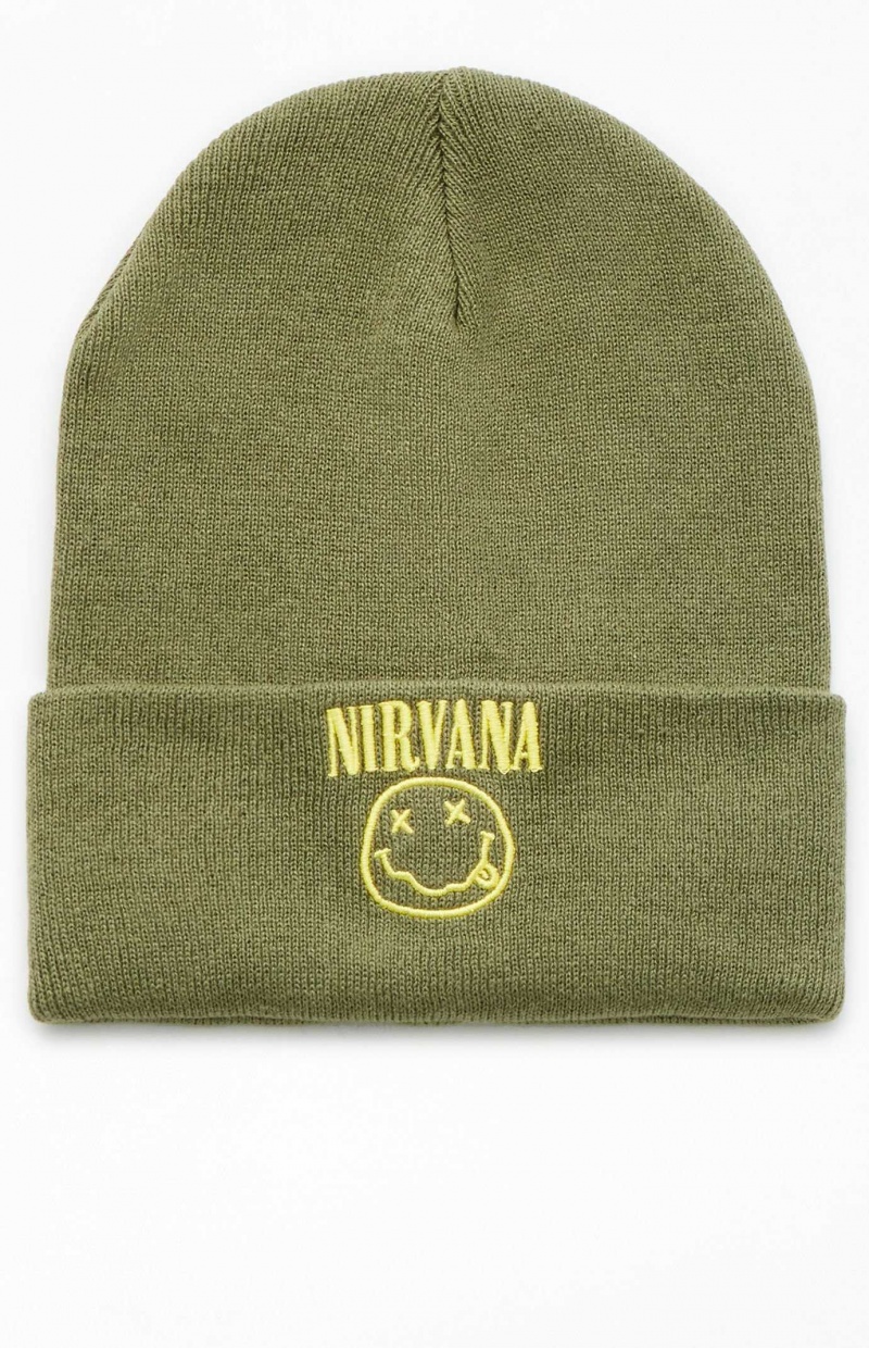 OLIVE PacSun Nirvana Smiley Face Beanie | TRHNAEQ-03