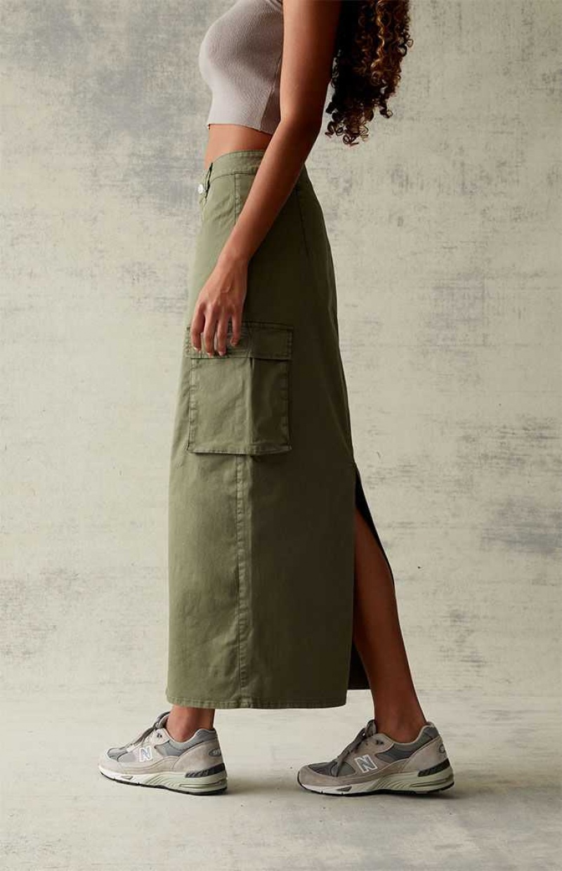 OLIVE PacSun Olive Stretch High-Waisted Cargo Midi Skirt | DFGABSM-73