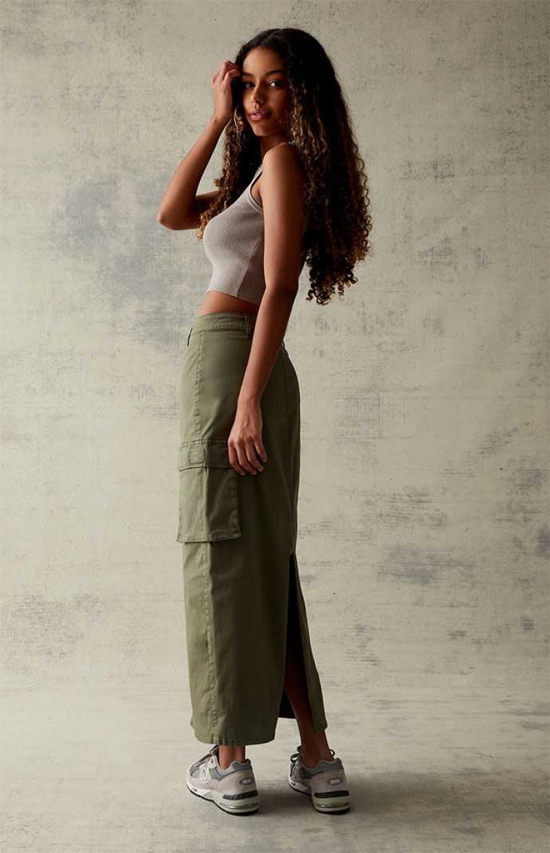 OLIVE PacSun Olive Stretch High-Waisted Cargo Midi Skirt | DFGABSM-73