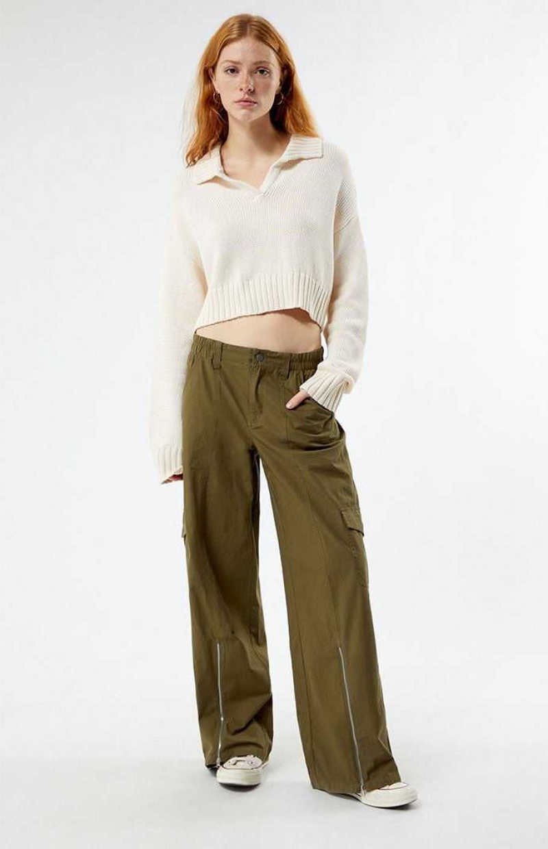 OLIVE PacSun Olive Zip Low Rise Cargo Puddle Pants | RKUPVHI-38