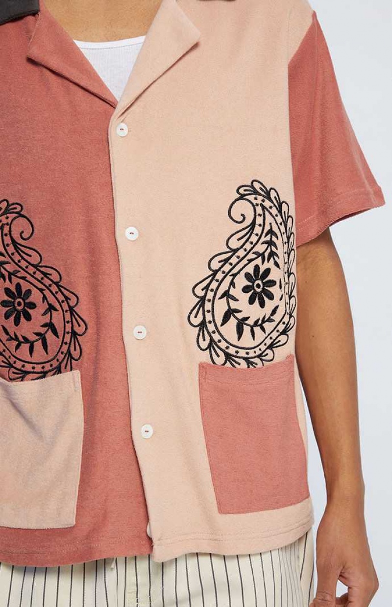 RED PacSun Block Embroidery Terry Camp Shirt | KWZGAMP-72