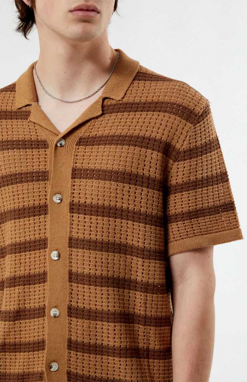 TAN/BROWN PacSun Stripe Open Knit Camp Shirt | GAQVTLK-81