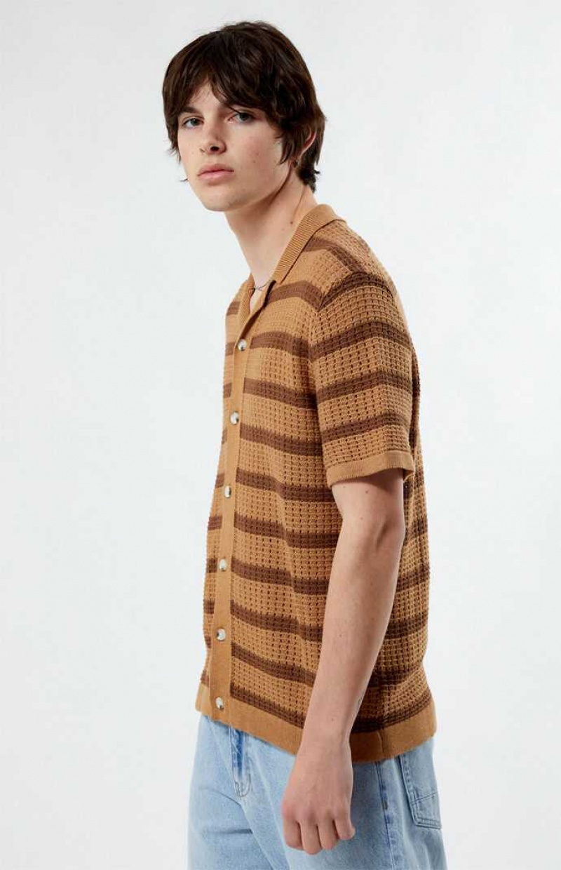 TAN/BROWN PacSun Stripe Open Knit Camp Shirt | GAQVTLK-81