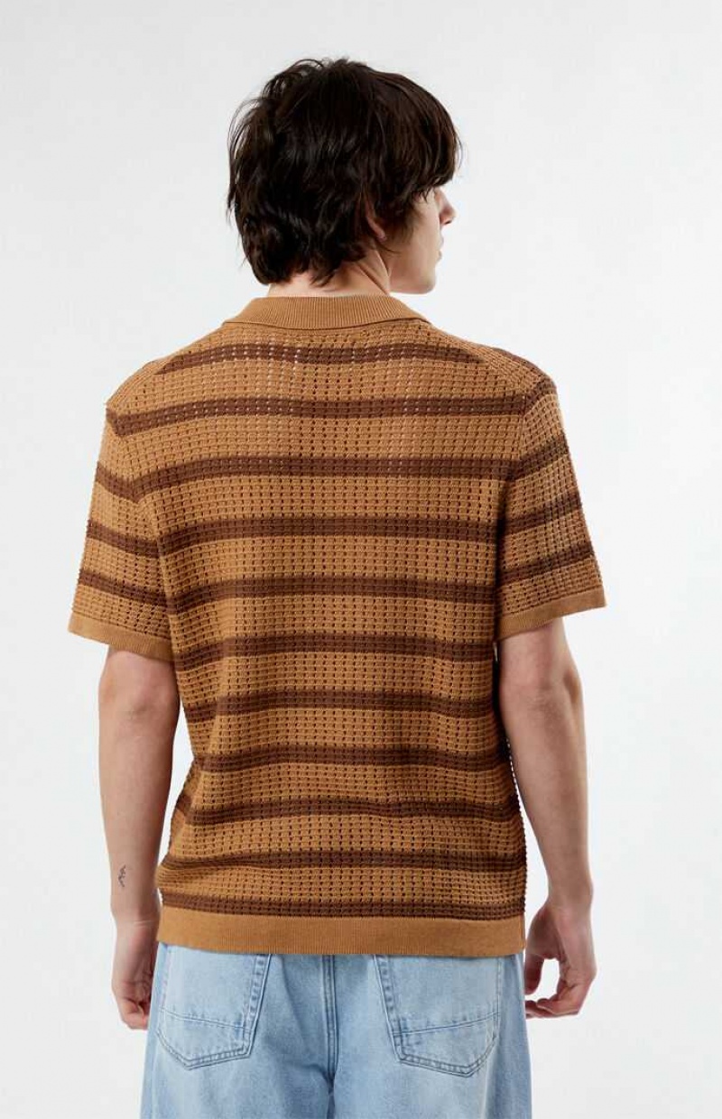 TAN/BROWN PacSun Stripe Open Knit Camp Shirt | GAQVTLK-81