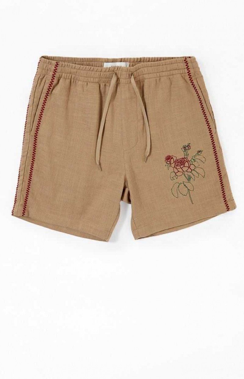 TAN PacSun Embroidered Linen Volley Shorts | SAVMEBD-61