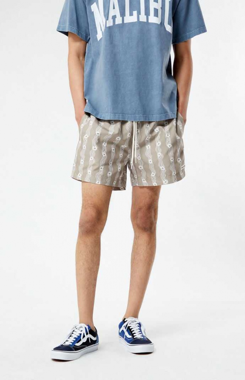 TAN PacSun Flower Stripe 4.5" Swim Trunks | WQMEZBC-96