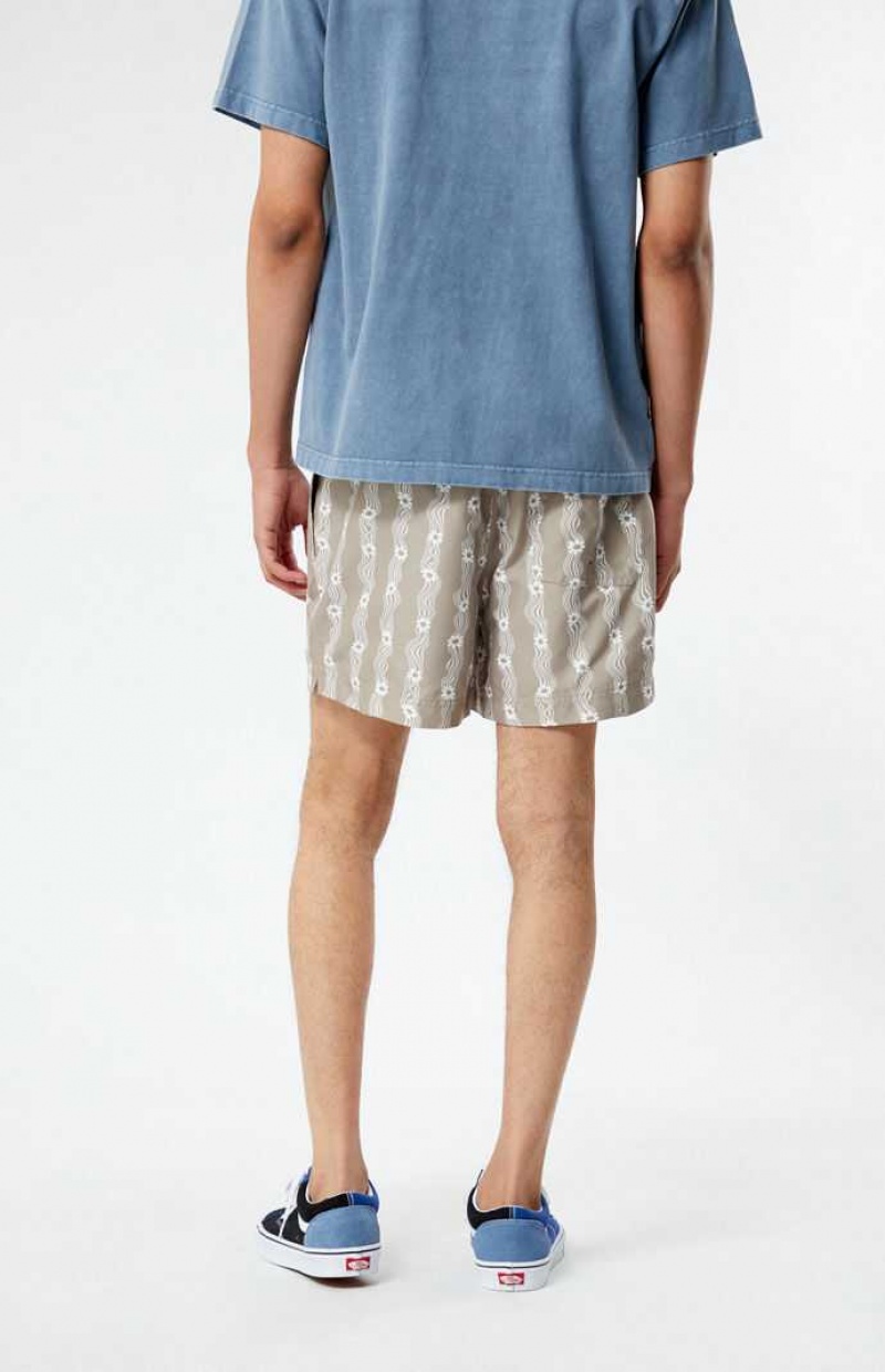 TAN PacSun Flower Stripe 4.5" Swim Trunks | WQMEZBC-96