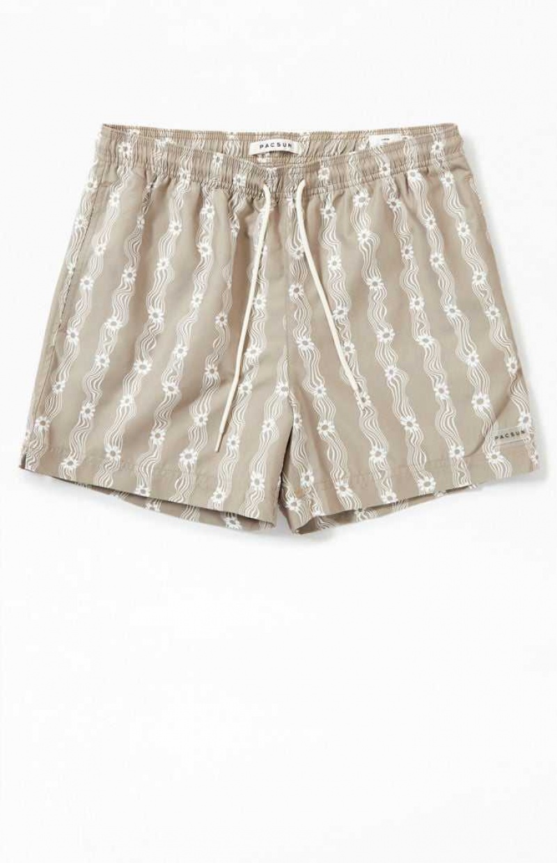 TAN PacSun Flower Stripe 4.5" Swim Trunks | WQMEZBC-96