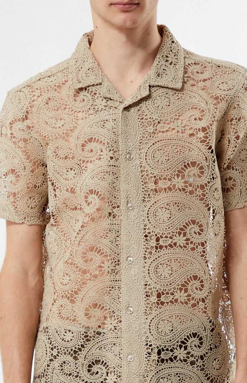 TAN PacSun Lace Paisley Woven Camp Shirt | GLNVSRK-12