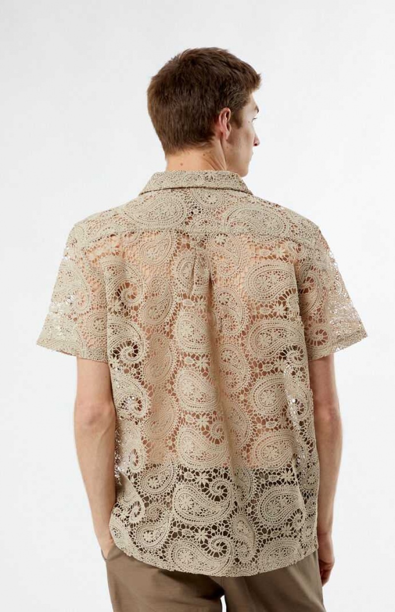 TAN PacSun Lace Paisley Woven Camp Shirt | GLNVSRK-12