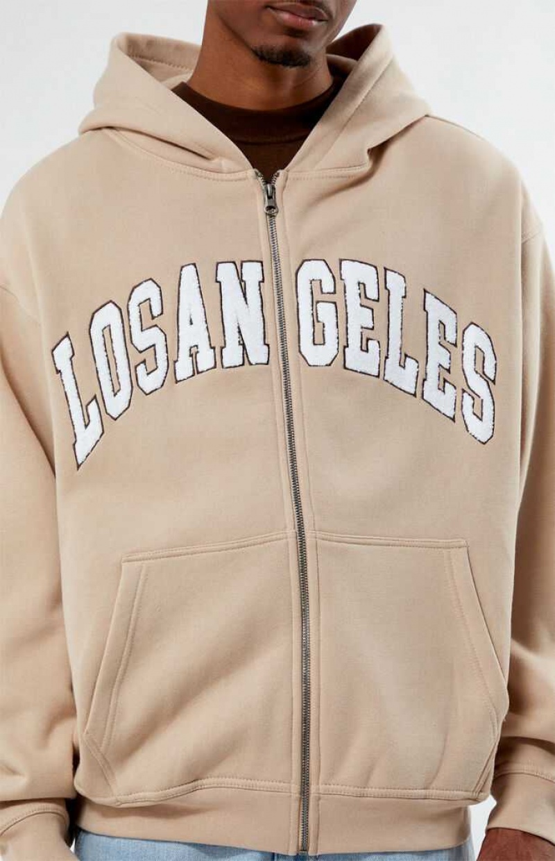 TAN PacSun Los Angeles Chenille Full Zip Hoodie | HFOXSZC-34