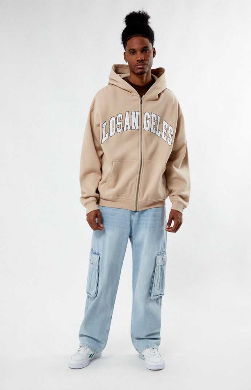 TAN PacSun Los Angeles Chenille Full Zip Hoodie | HFOXSZC-34