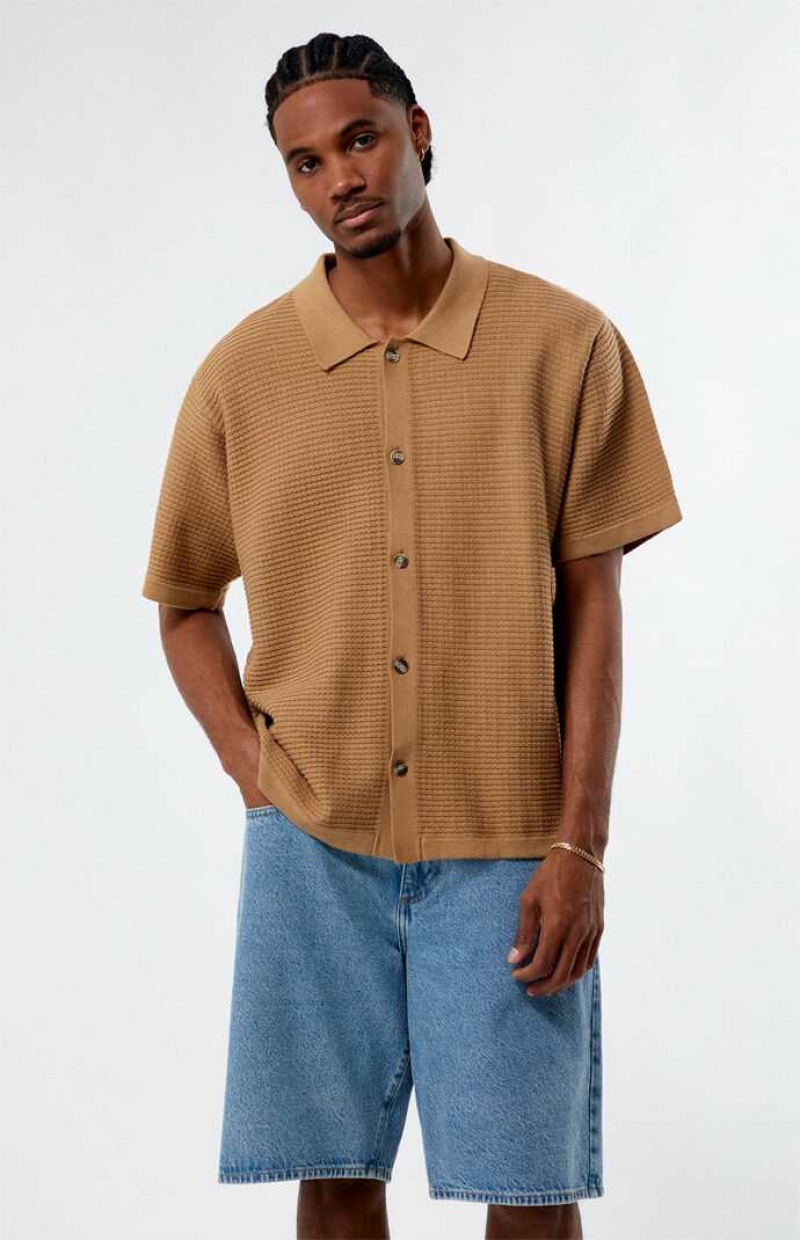 TAN PacSun Ribbed Knit Woven Shirt | QXFHDVM-56