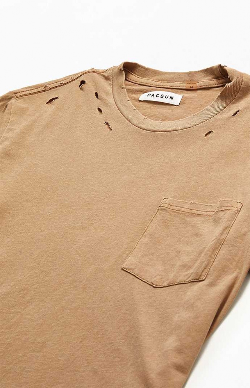 TAN PacSun Tan Distressed Pocket T-Shirt | WIODNPX-98