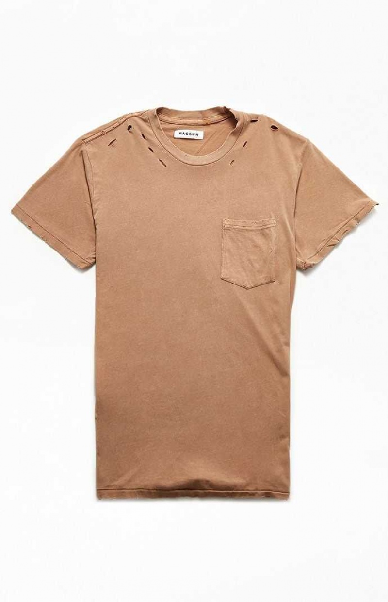 TAN PacSun Tan Distressed Pocket T-Shirt | WIODNPX-98