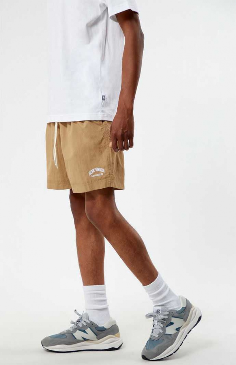 TAN PacSun Tan Nylon Collegiate 6.5" Swim Trunks | TXCVSOH-61