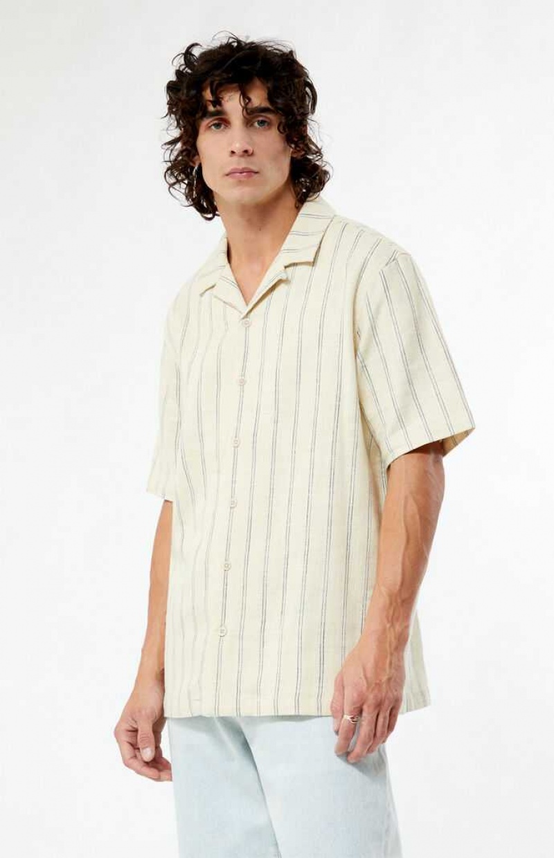 TAN PacSun Terry Woven Striped Camp Shirt | SJUATON-02