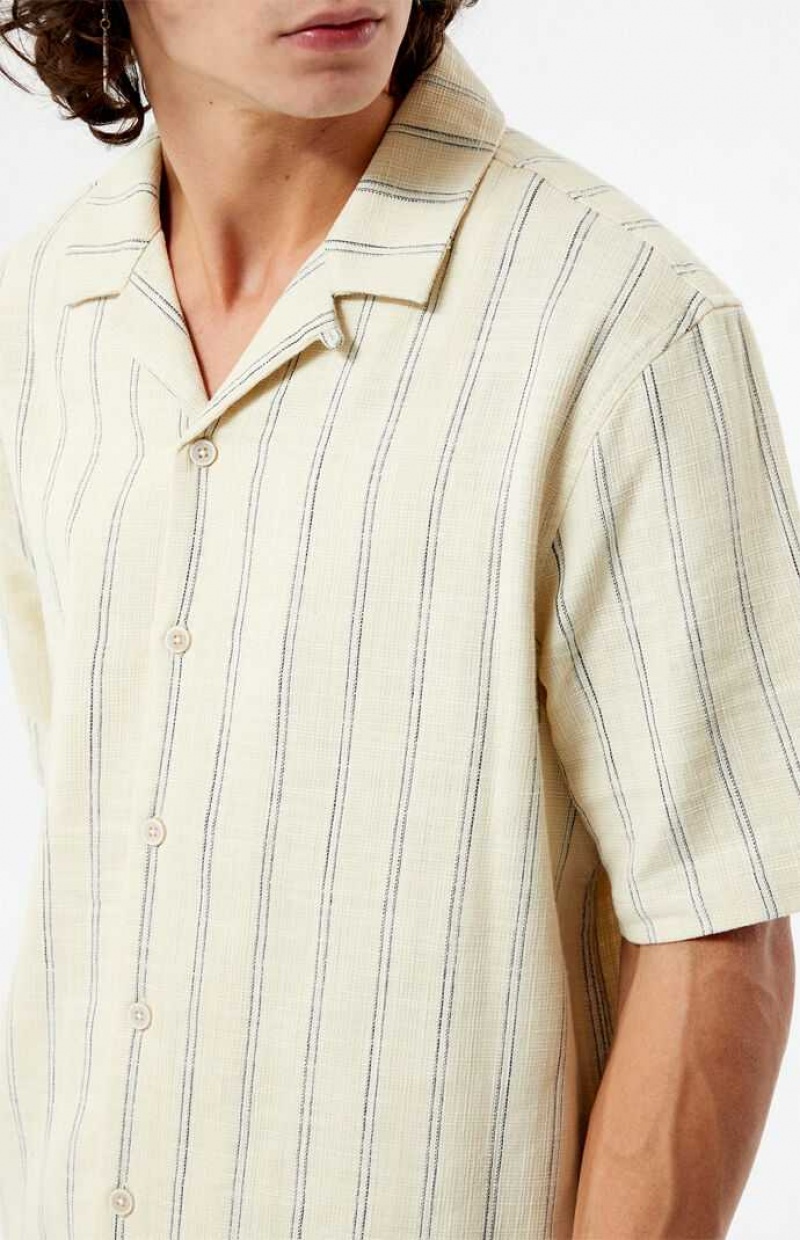 TAN PacSun Terry Woven Striped Camp Shirt | SJUATON-02