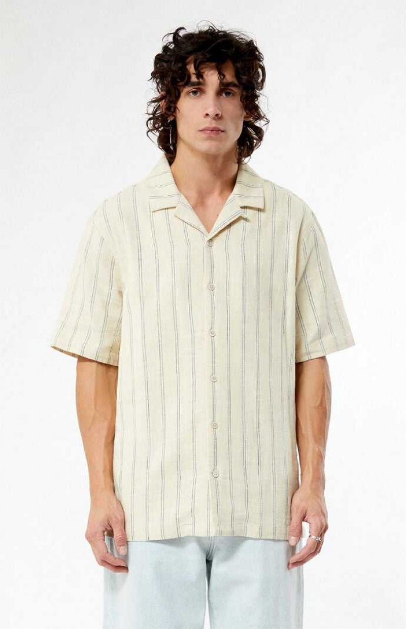 TAN PacSun Terry Woven Striped Camp Shirt | SJUATON-02