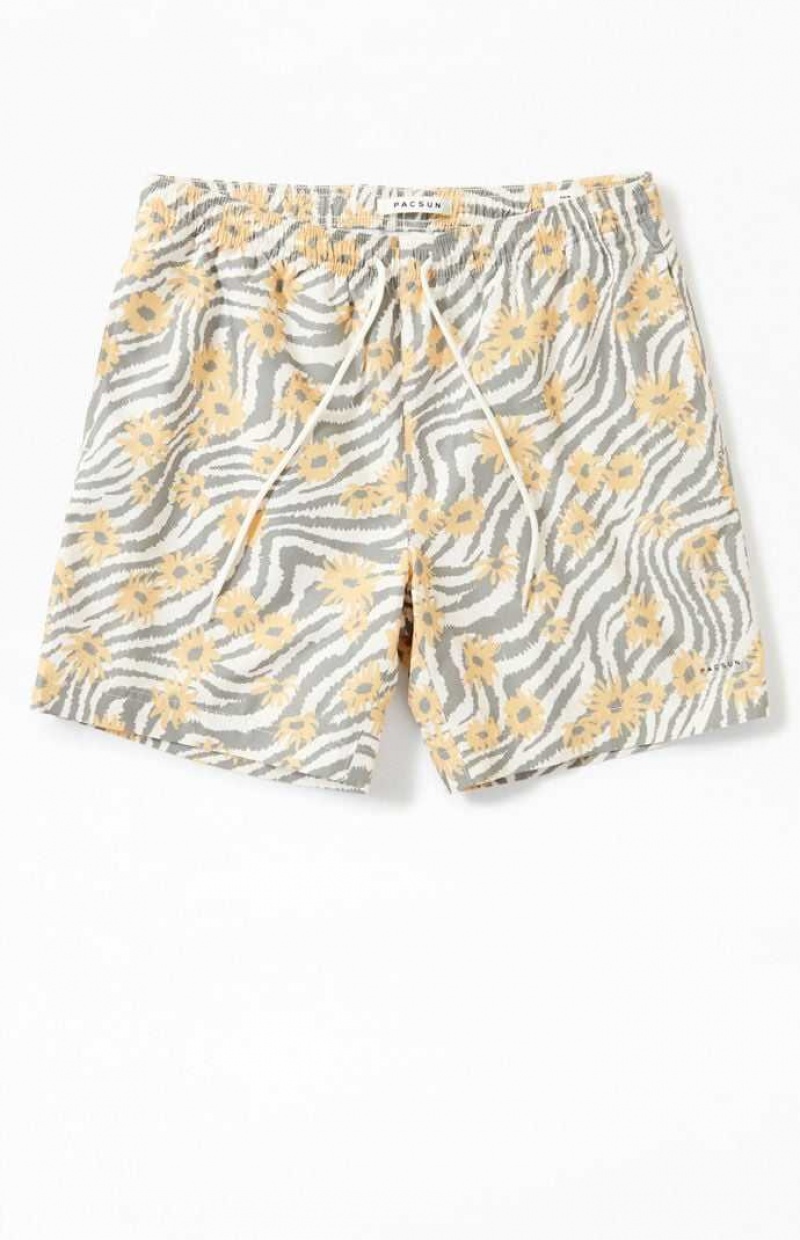 TAN PacSun Zebra Flower 6.5" Swim Trunks | EQCGVXS-27