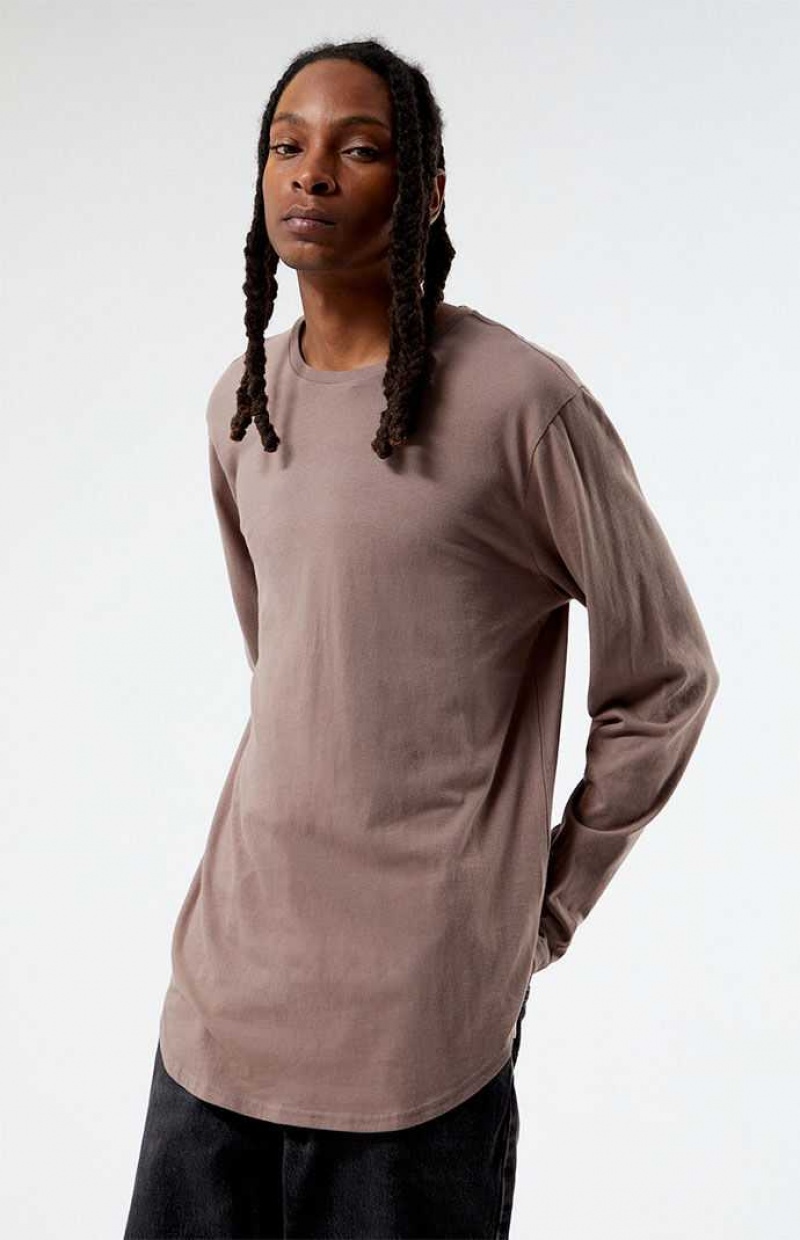 TAUPE PacSun Basic Fit Scallop Long Sleeve T-Shirt | SEUMFGH-93