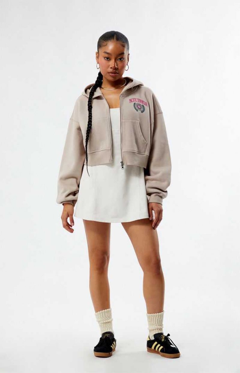 TAUPE PacSun LA Crest Cropped Double Zip Hoodie | JHGYKLS-18