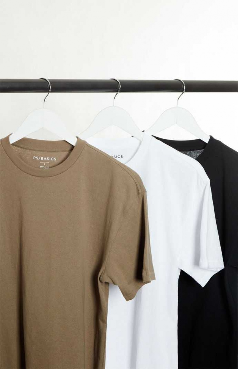 WHITE/BLACK/BROWN PacSun PS Basics 3-Pack Reece Regular T-Shirts | BYJMUVZ-65