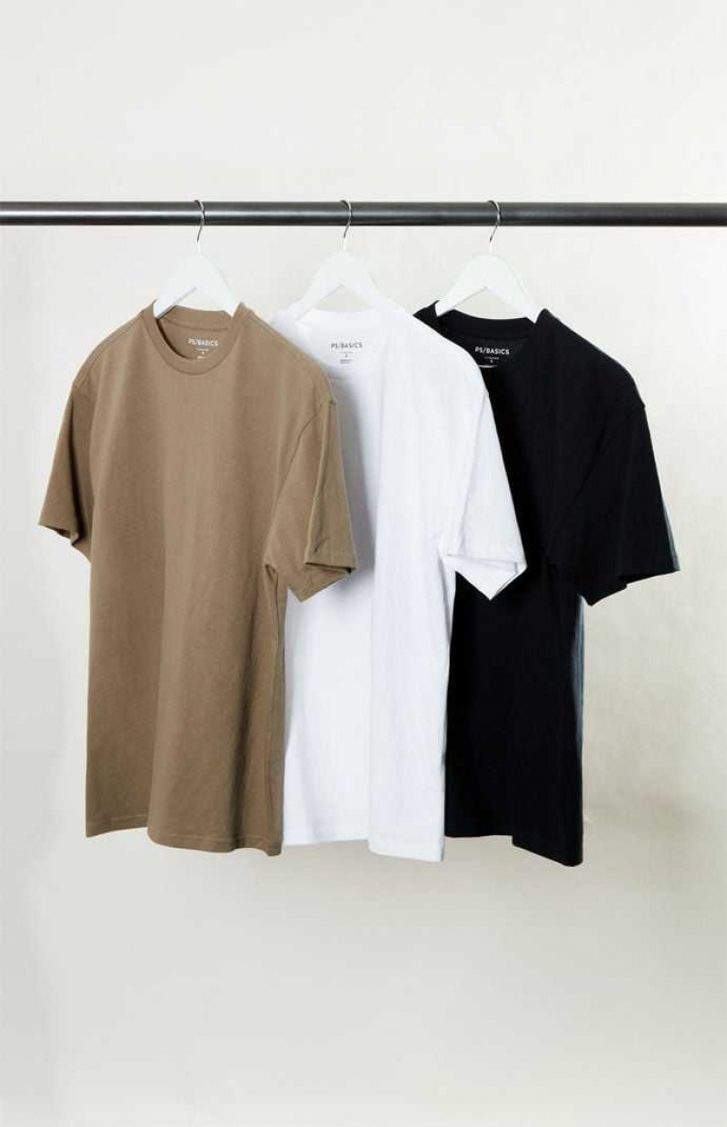 WHITE/BLACK/BROWN PacSun PS Basics 3-Pack Reece Regular T-Shirts | BYJMUVZ-65