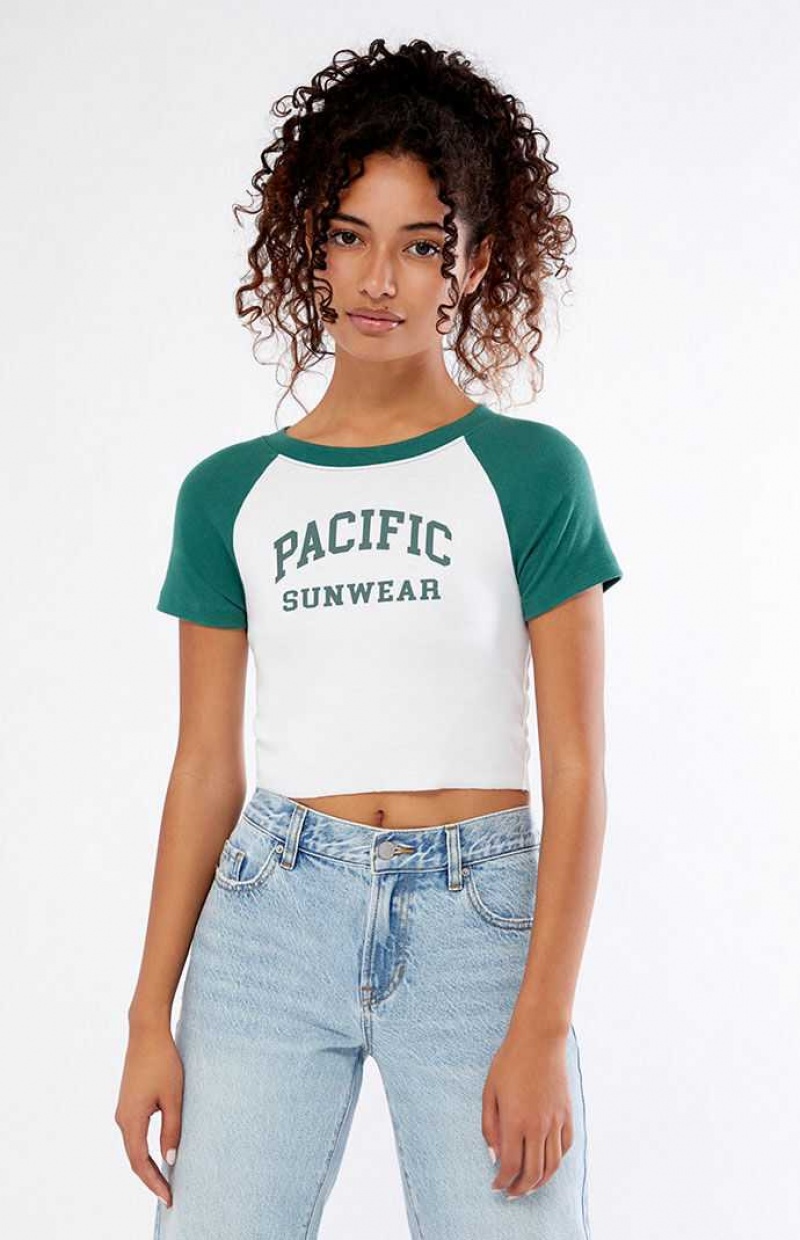 WHITE/GREEN PacSun White & Green Pacific Sunwear Arch Raglan T-Shirt | YGCSAWE-09