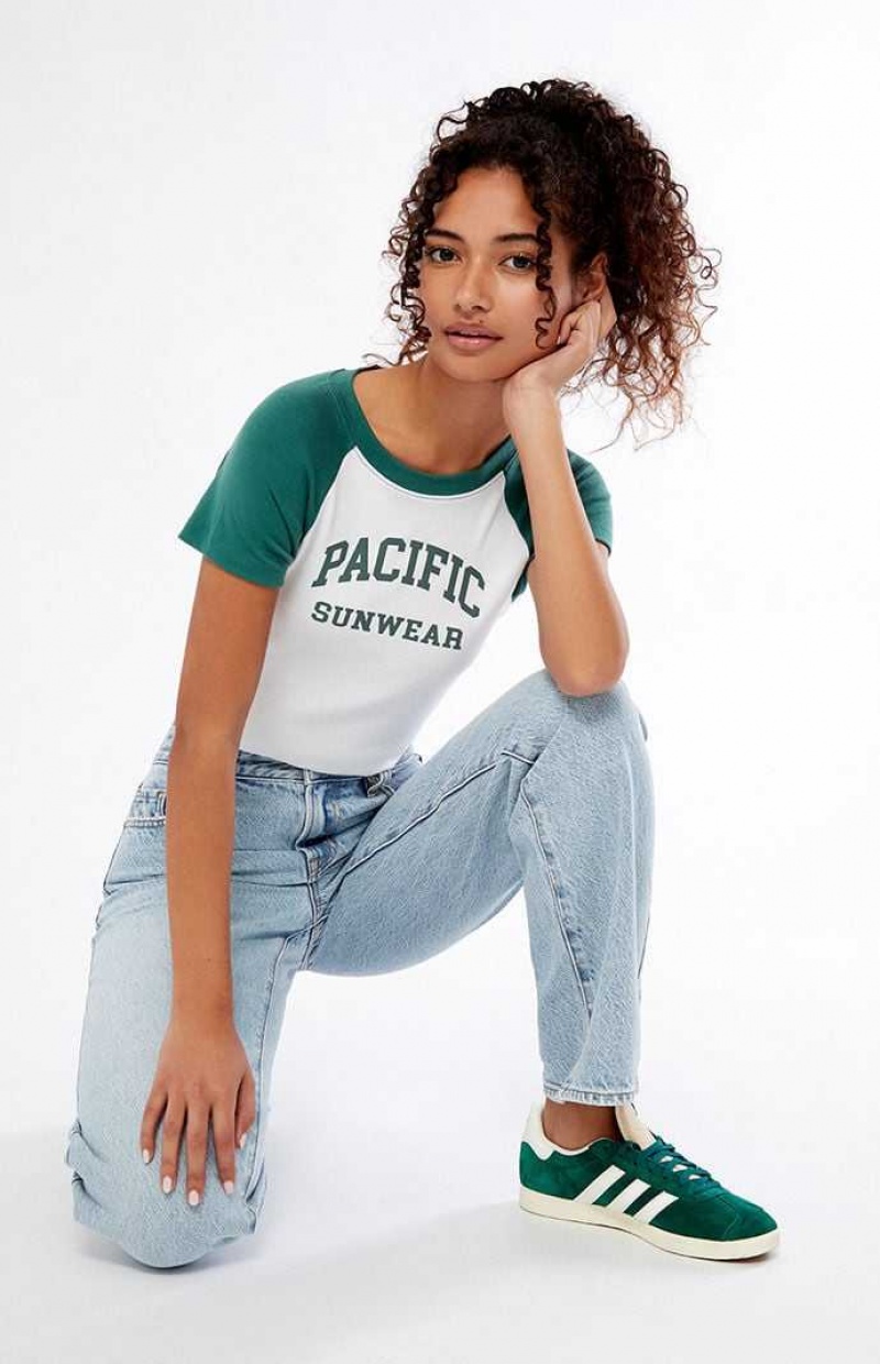 WHITE/GREEN PacSun White & Green Pacific Sunwear Arch Raglan T-Shirt | YGCSAWE-09